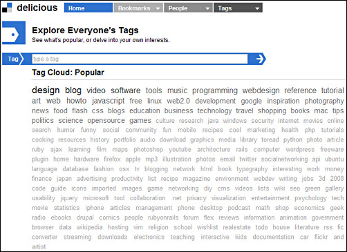 Figure 11. Delicious  display of most used tags on whole site (as of 13th November 2009).