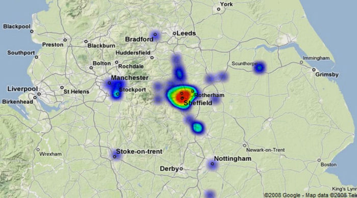 ‘Click heat’ map showing perceived placement of voice sample from Sheffield (Smith 2008).