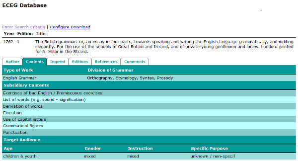 ECEG database: Browse layout for the tab 'Contents'.