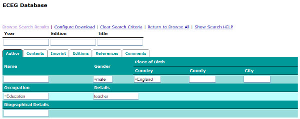 ECEG database: Search layout for the tab 'Authors'.