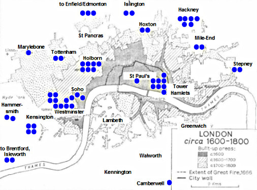 London Boroughs ca. 1600-1800 (adapted from Darby 1973: 386, Fig.82, with permission of CUP).