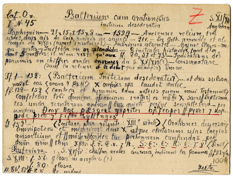 Figure 1. Recto side of the card containing Dobiash-Rozhdestvenskaya’s notes on MS Lat.O.v. I N 45, reproduced with the kind permission of the National Library of Russia, St. Petersburg.