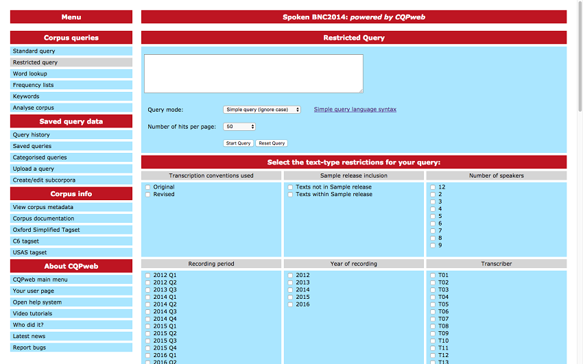 Figure 2. The CQPweb interface, showing some of the metadata query options for the Spoken BNC2014 corpus.