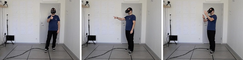 Figure 3. User operating the developed VR system. Left to right: “thumbs up” hand posture, “point forward” hand posture, interaction with time menu attached to the user’s left-hand palm.