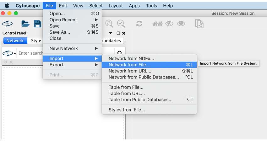 Figure 2. Importing a network file into Cytoscape.